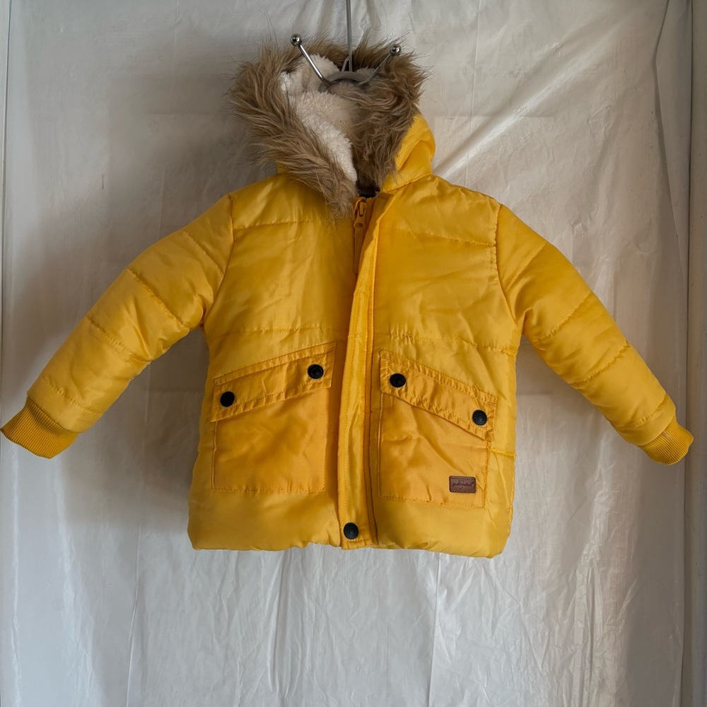 7β For All Mankind Toddlers Full Zip Hooded Jacket Size 24M Yellow Sherpa Lining